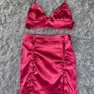 Pink satin skirt set